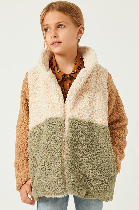 Girls Fuzzy Fleece Collared Color Block Jacket