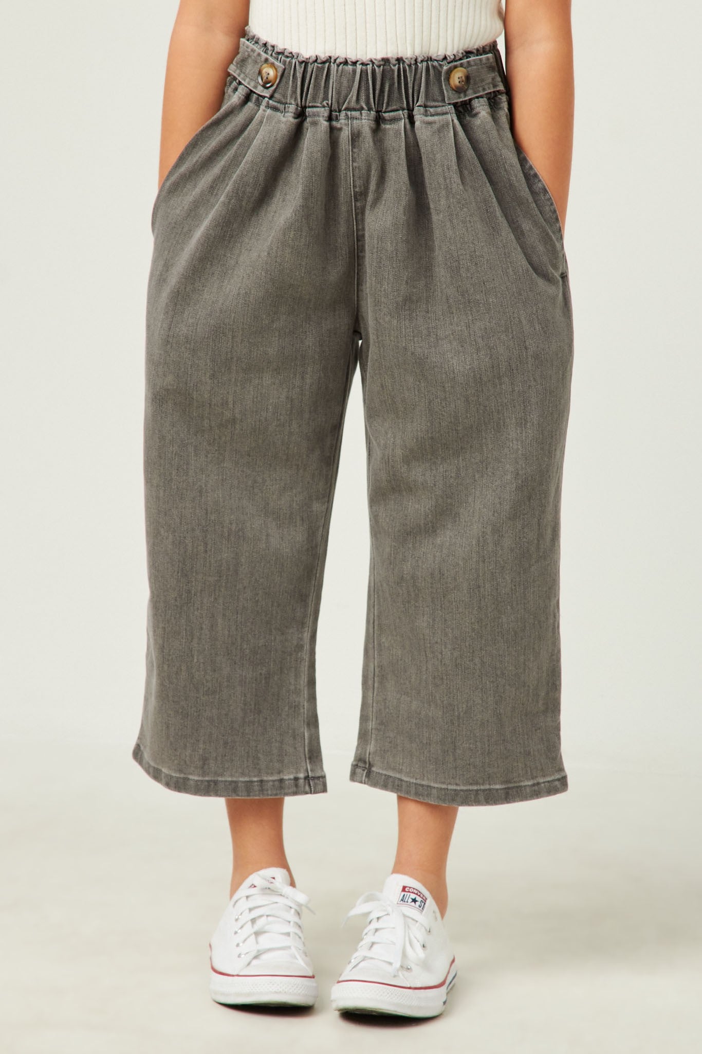 Girls Button Detail Wide Leg Denim Pants