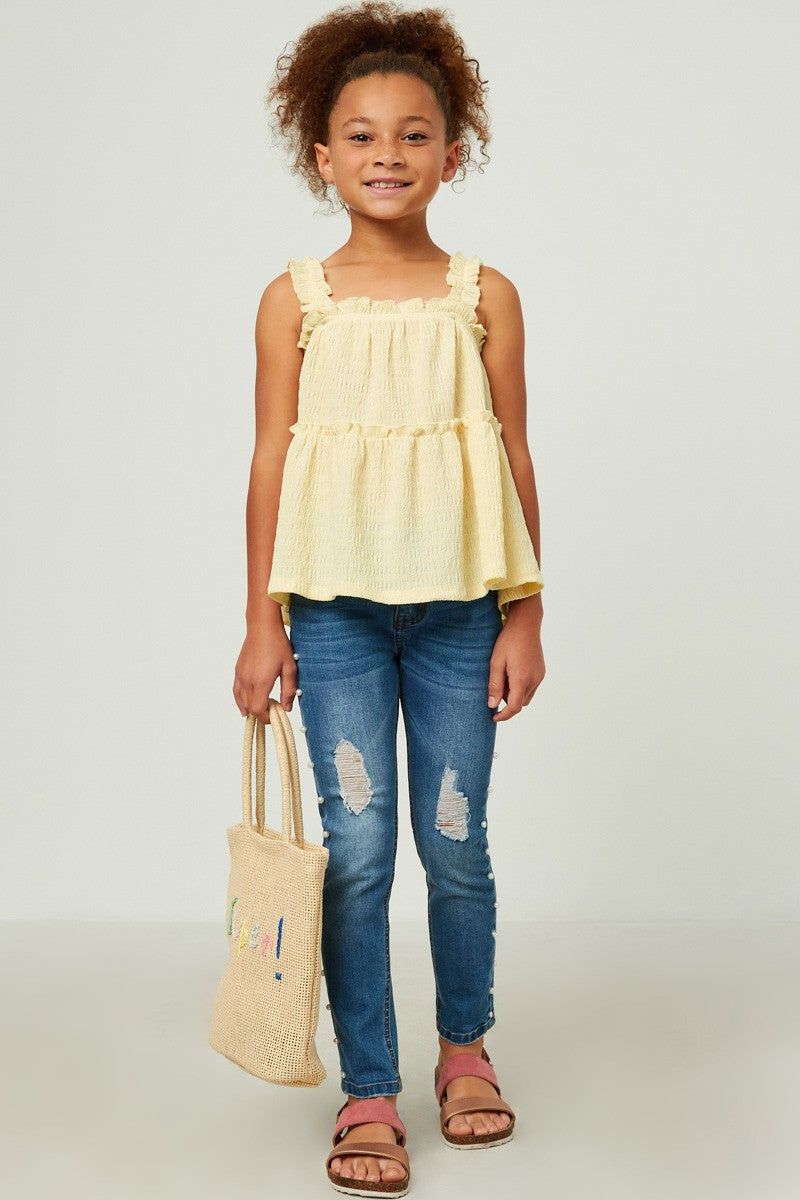 Textured Knit Ruffle Strap Tiered Top- Yellow