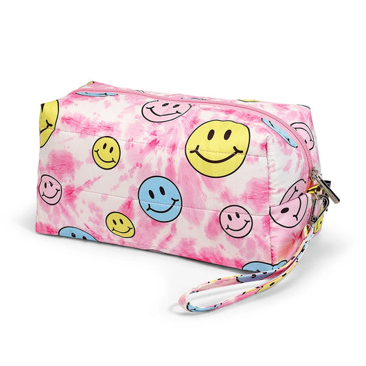 Pink Tie-Dye Happy Face Puffer Cosmetic Bag