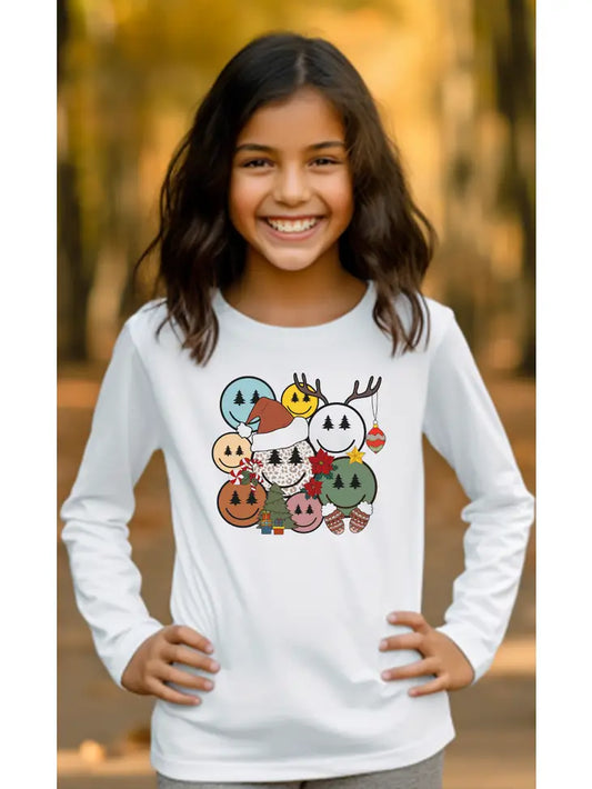 Holiday Smiley Face Tree Graphic Tee- Long Sleeve