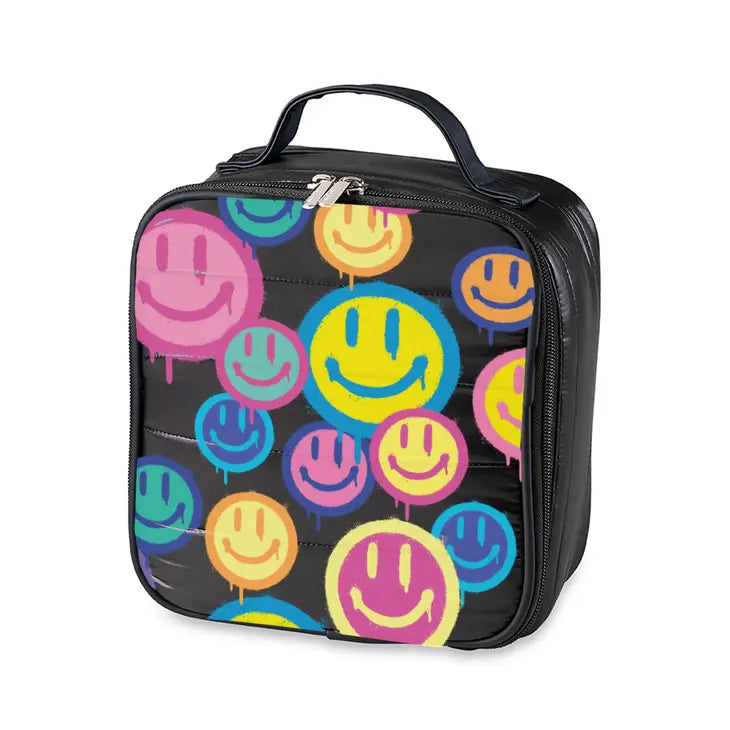Black Puffer Insulated Lunch Box w/ Spray Happy Face Pocket