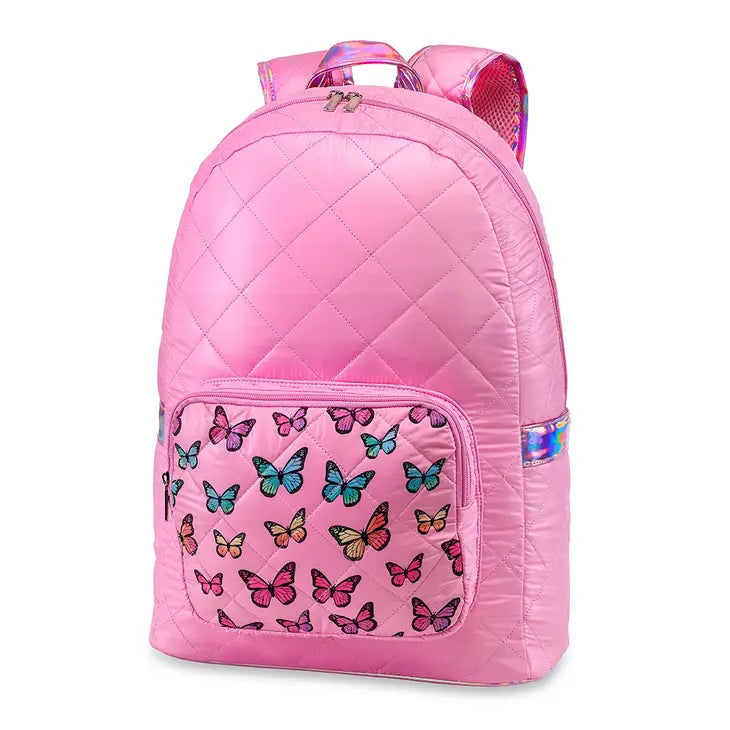 Pink Diamond Stitch Puffer Backpack W/Butterfly Pocket