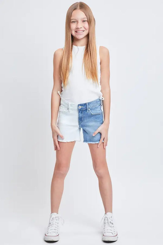 Mid Rise Color Block Shorts with Fray Hem